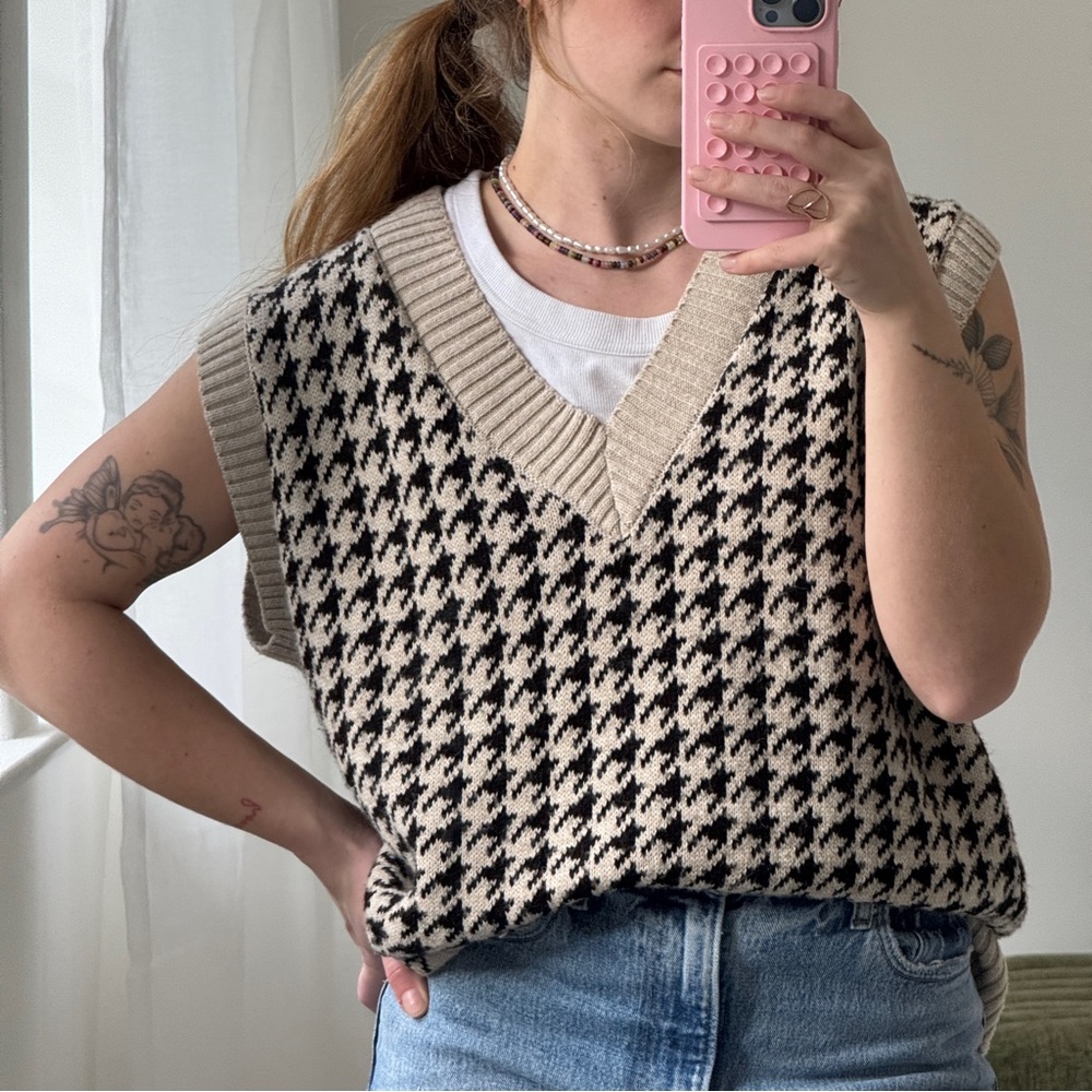 Houndstooth Sweater Vest V-Neck Preppy Academia Oversized Deppot